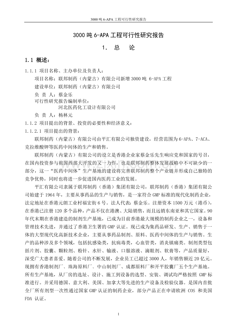 3000吨6-APA工程可行性研究报告.doc_第1页