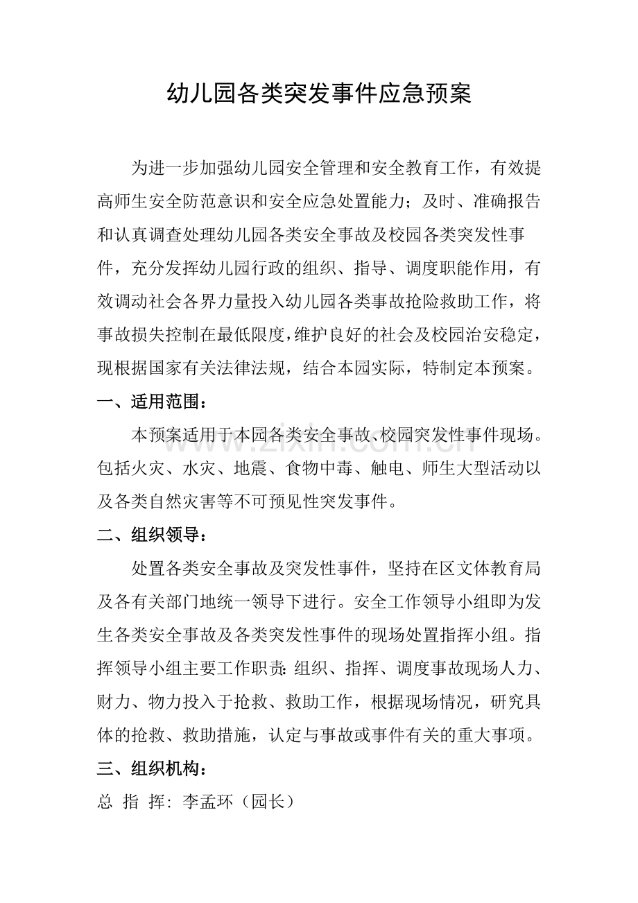 幼儿园各类突发事件应急预案Word.doc_第1页