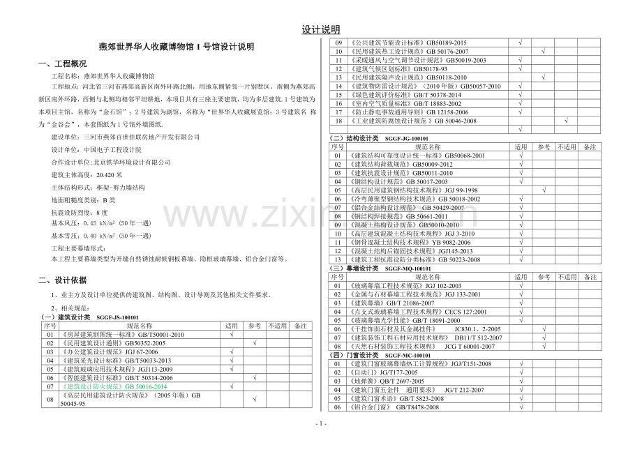 燕郊世界华人收藏博物馆1号馆幕墙设计说明.doc_第1页