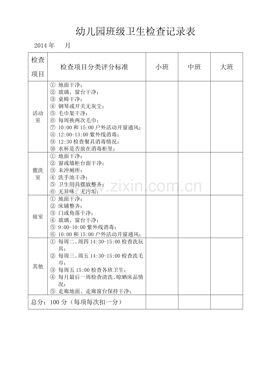 幼儿园班级卫生检查评比表.doc_第1页