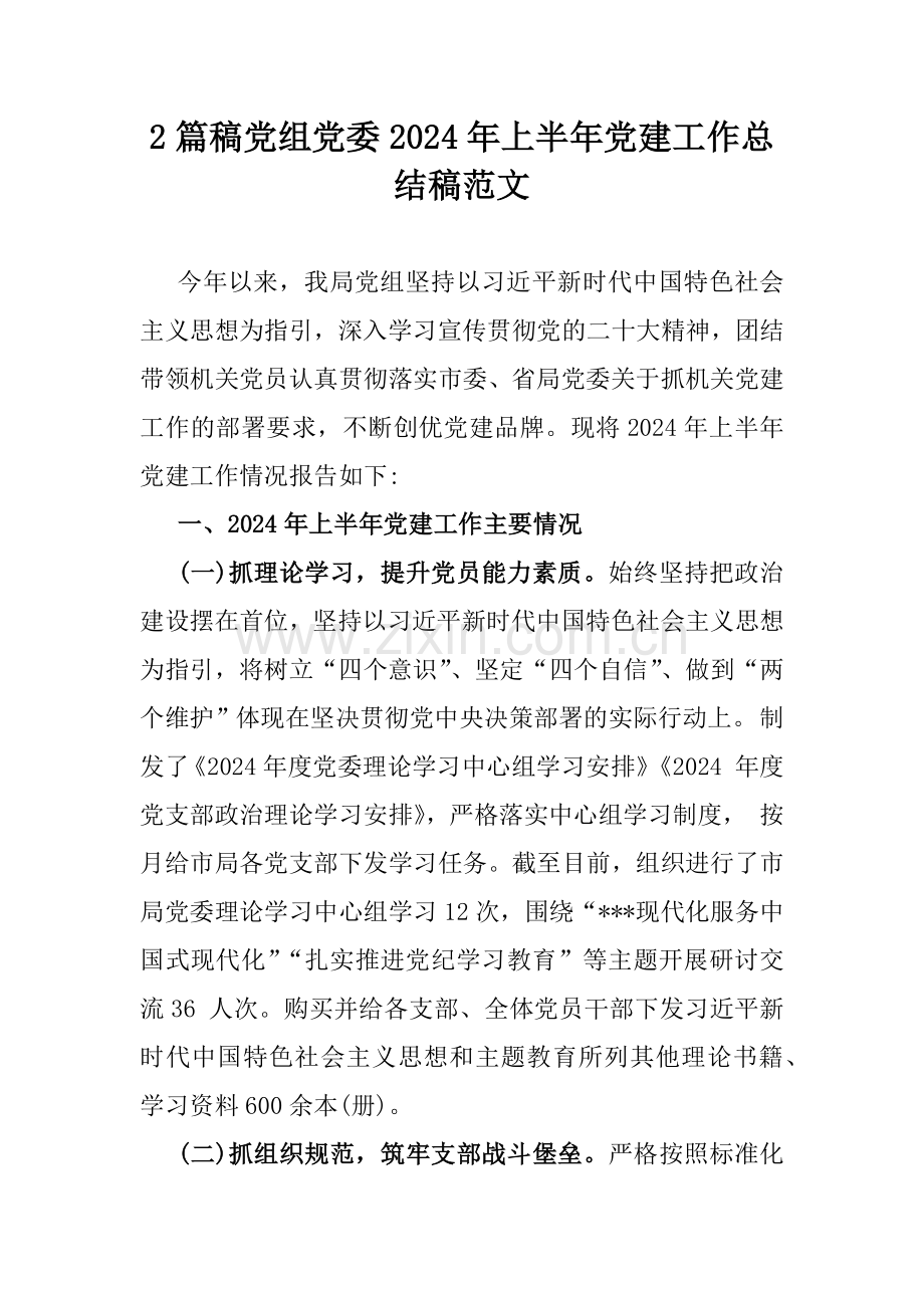 2篇稿党组党委2024年上半年党建工作总结稿范文.docx_第1页