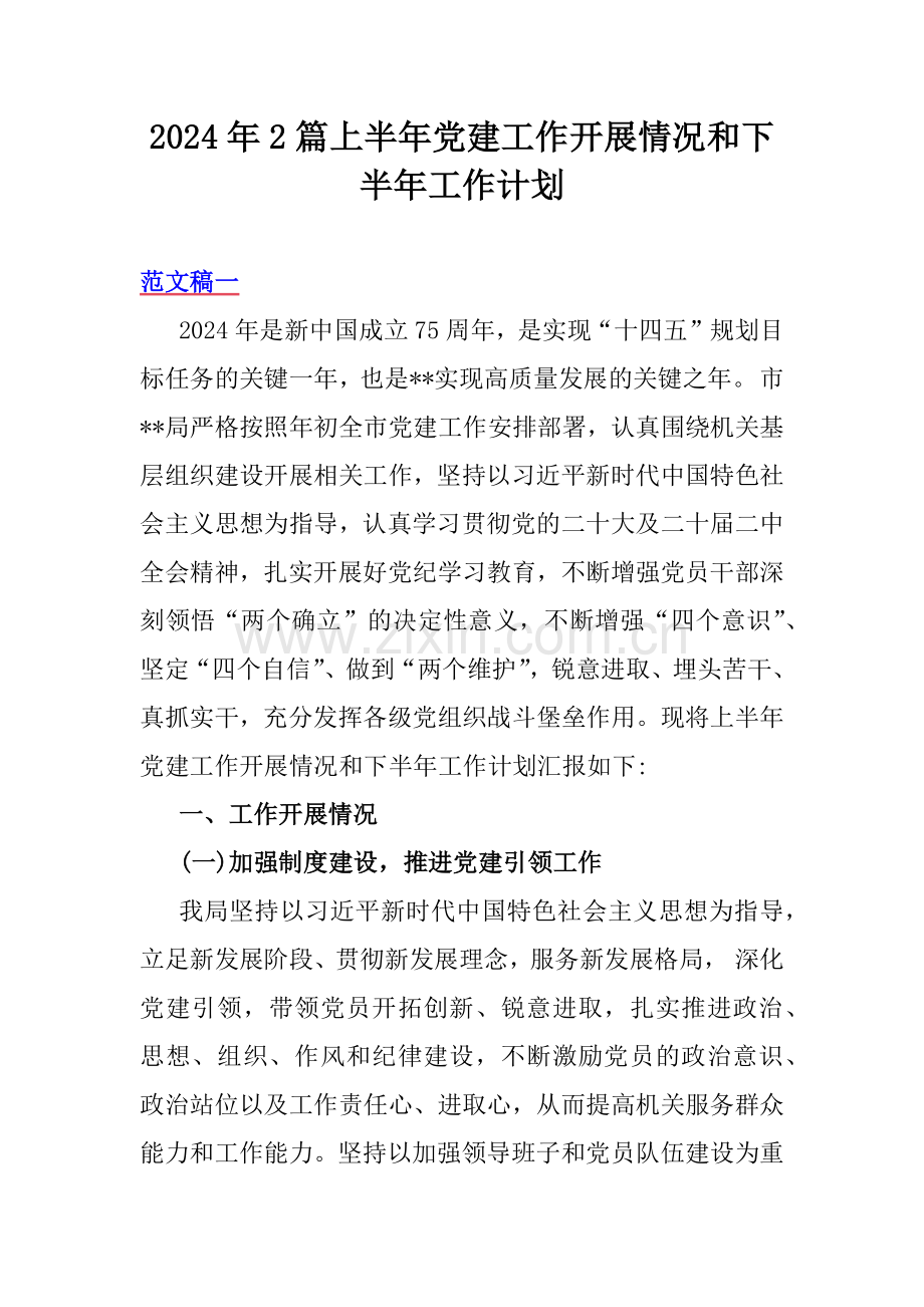 2024年2篇上半年党建工作开展情况和下半年工作计划.docx_第1页