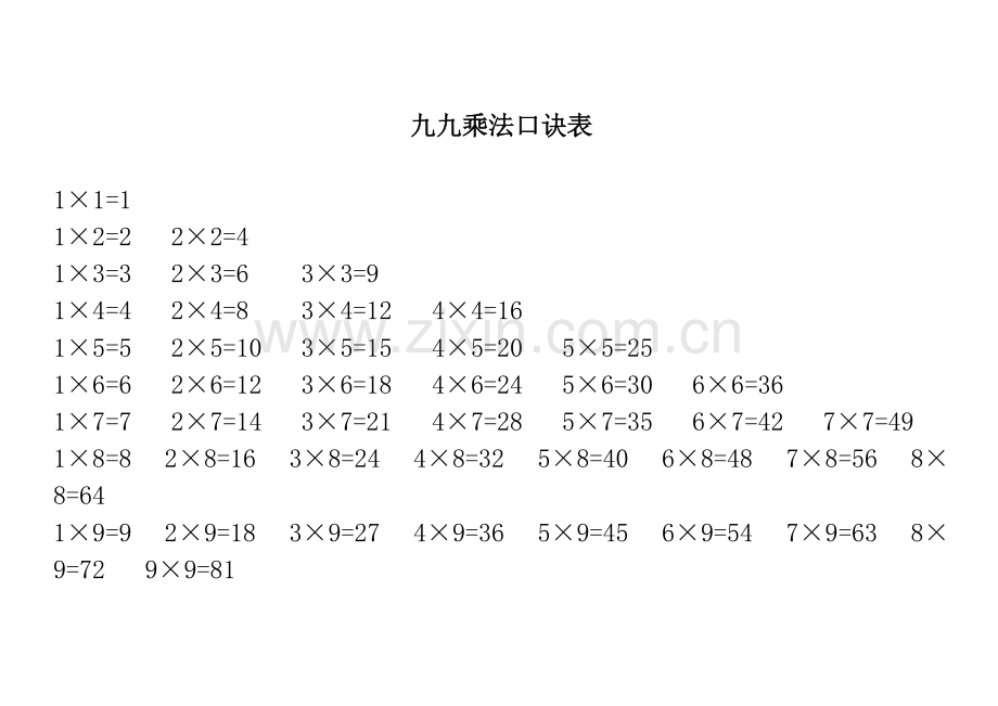 九九乘法口诀表及乘法口诀练习试题.doc_第1页
