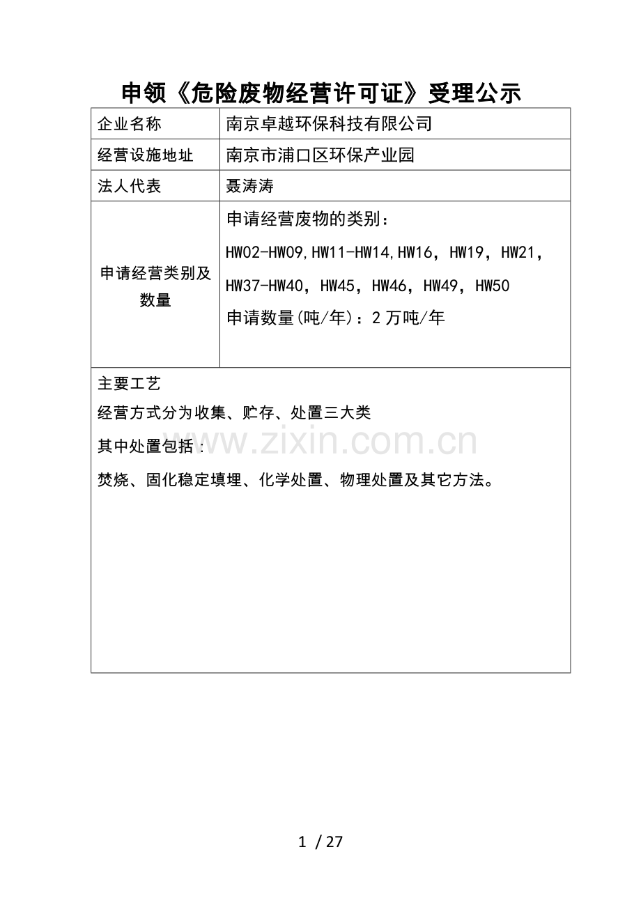 南京卓越环保科技有限公司申领《危险废物经营许可证》受理公示.doc_第1页