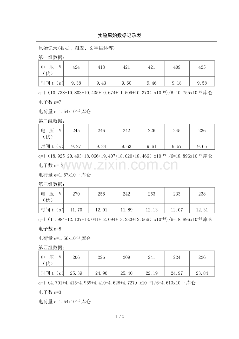 密立根油滴实验原始数据记录表.doc_第1页