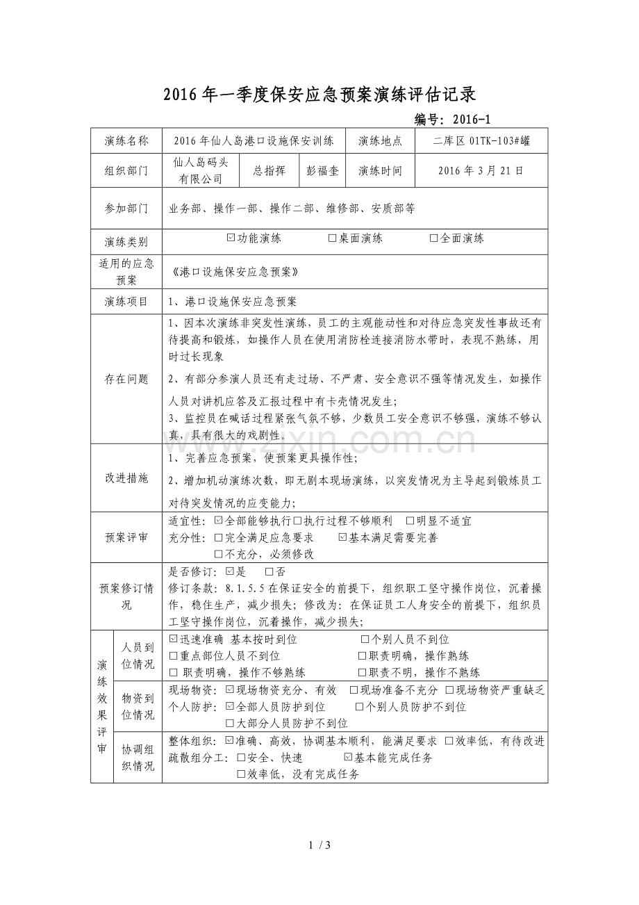 2016年一季度应急预案演练评估记录.doc_第1页