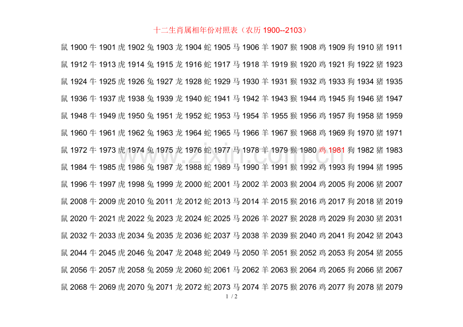 十二生肖属相年份对照表-十二生肖与年份对照表.doc_第1页