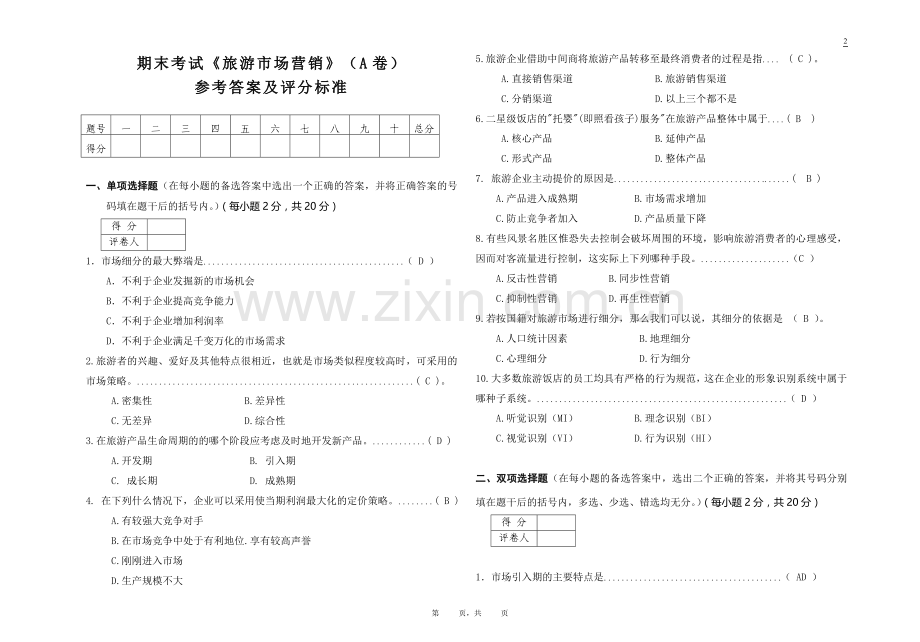 旅游市场营销考试试题(A)答案.doc_第1页