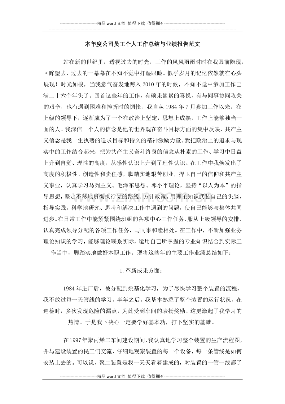 本年度公司员工个人工作总结与业绩报告范文.docx_第1页
