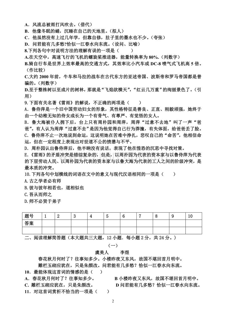 江苏联合职业技术学院大港中专办学点2013-2014学年第二学期13级大专班语文期中试卷.doc_第2页