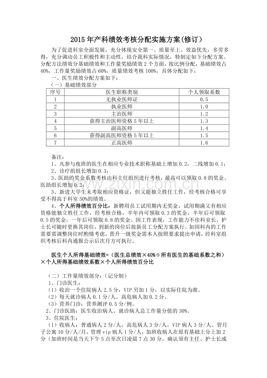 2015年产科绩效分配方案.doc_第1页