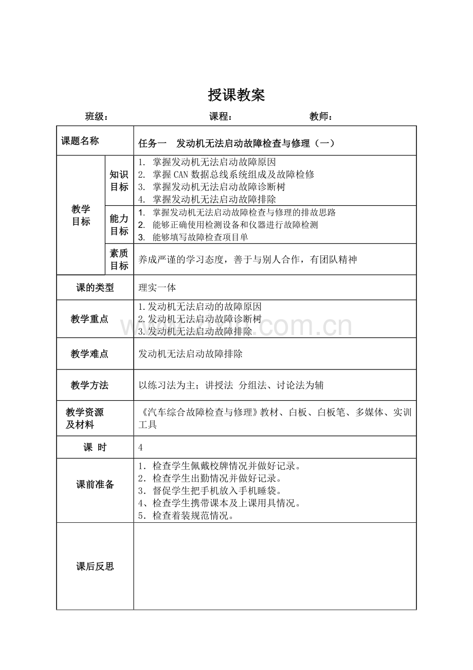 汽车综合故障检查与修理教案教学设计全书电子讲义整本书电子教案教案教案.doc_第1页
