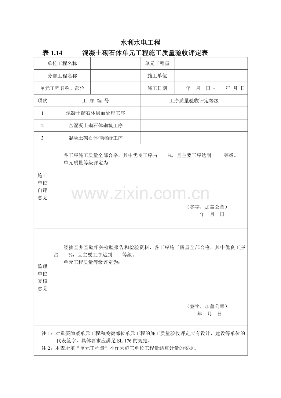 水利水电工程混凝土砌石体单元工程施工质量验收评定表.doc_第1页