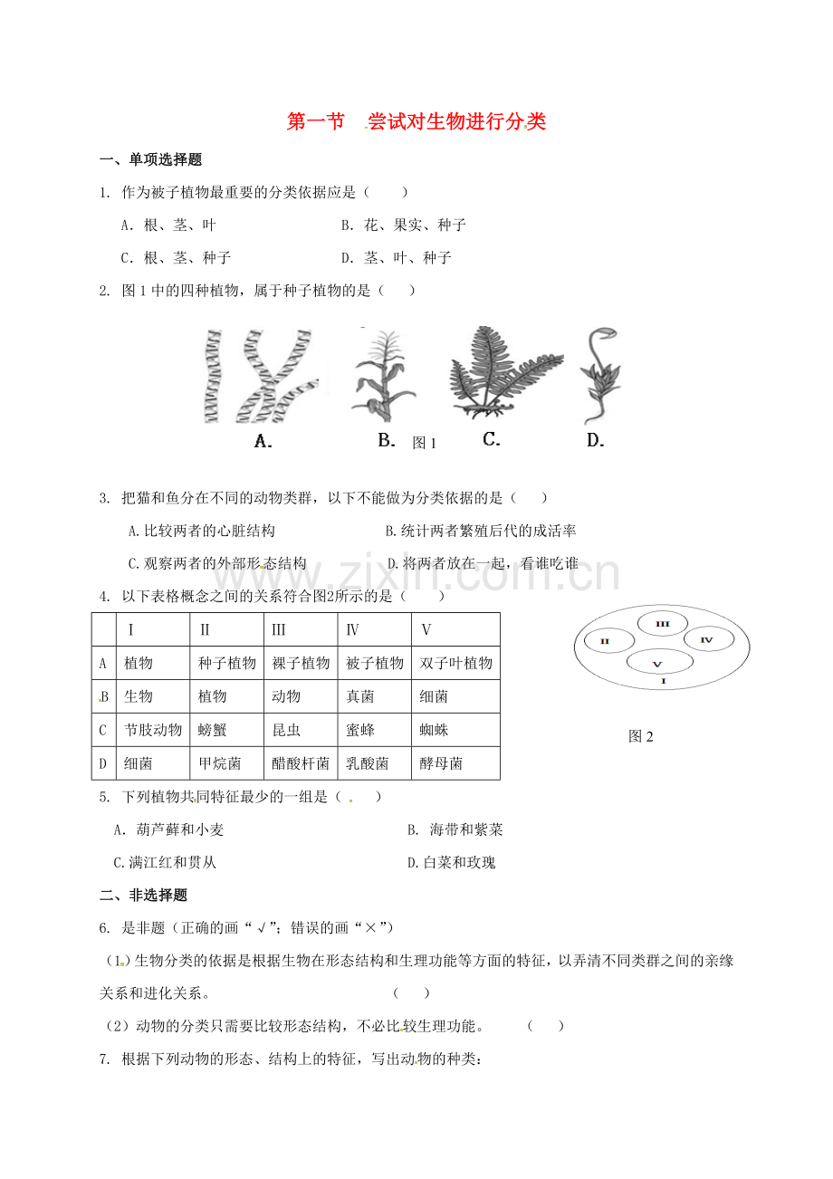 八年级生物上册-611-尝试对生物进行分类校本作业-新版新人教版.doc_第1页
