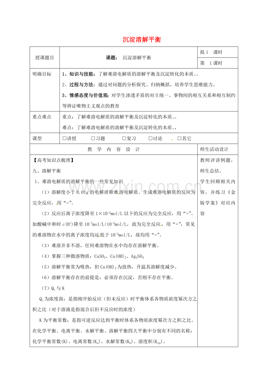 高三化学一轮复习-难溶电解质的溶解平衡教学设计.doc_第1页