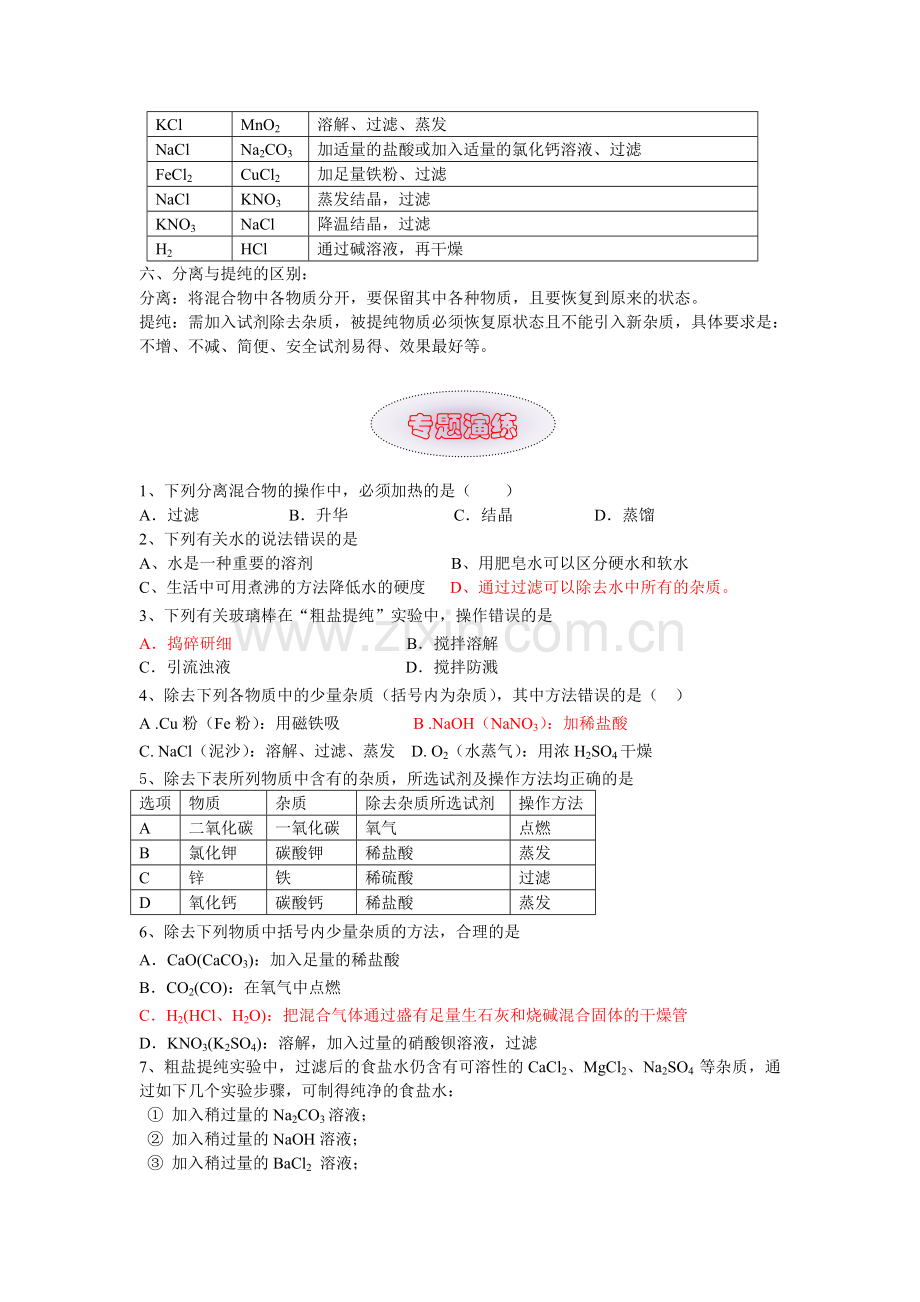 2013中考化学专题复习—物质的分离和除杂含答案.doc_第2页