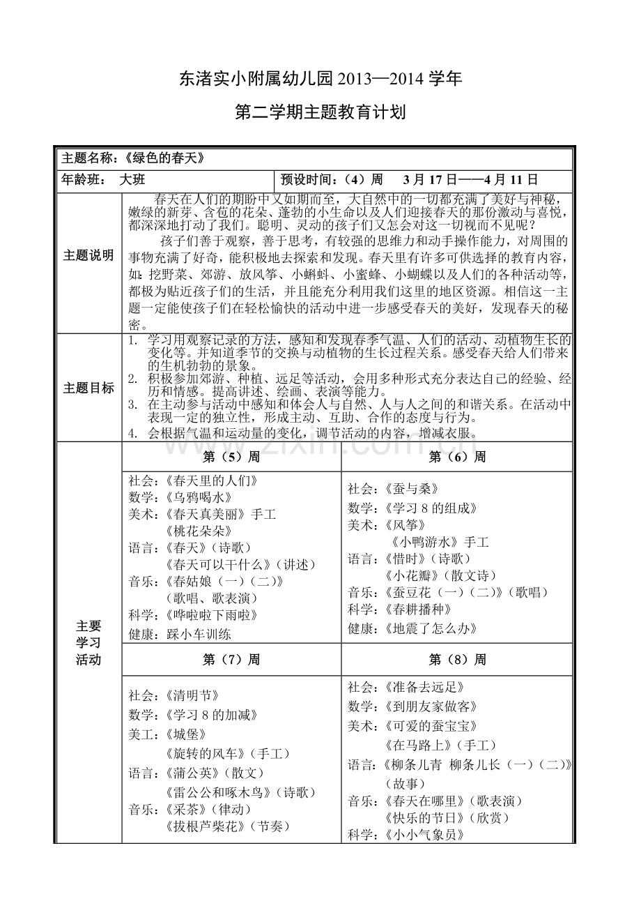 大班主题绿色的春天计划.doc_第1页