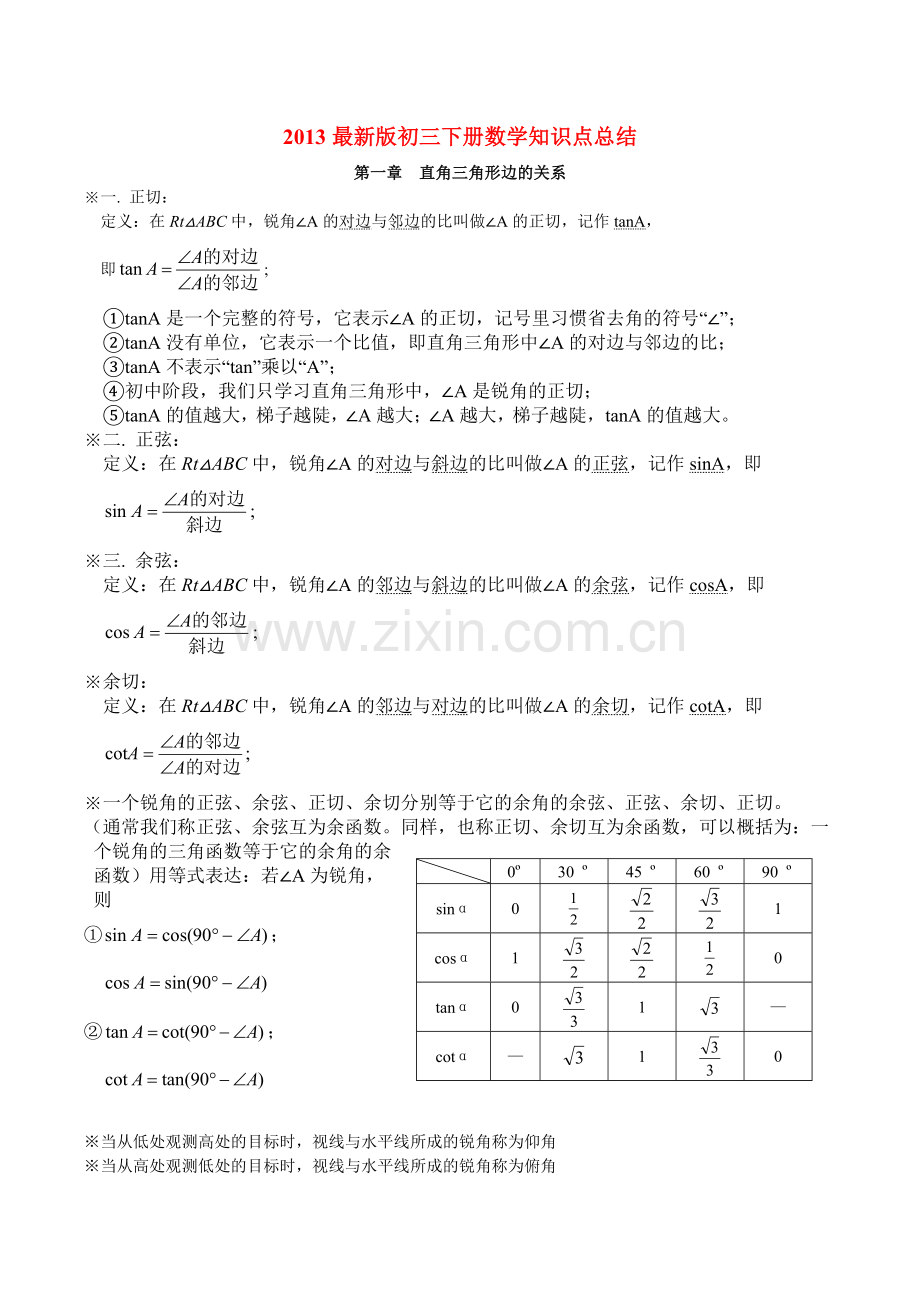 2013北师大版初三下册数学知识点总结.doc_第1页