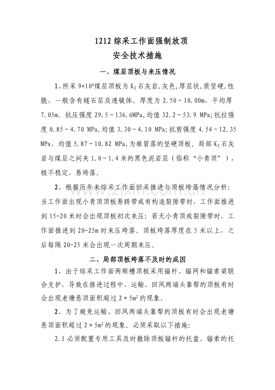1212综采工作面强制放顶安全技术措施.doc_第1页