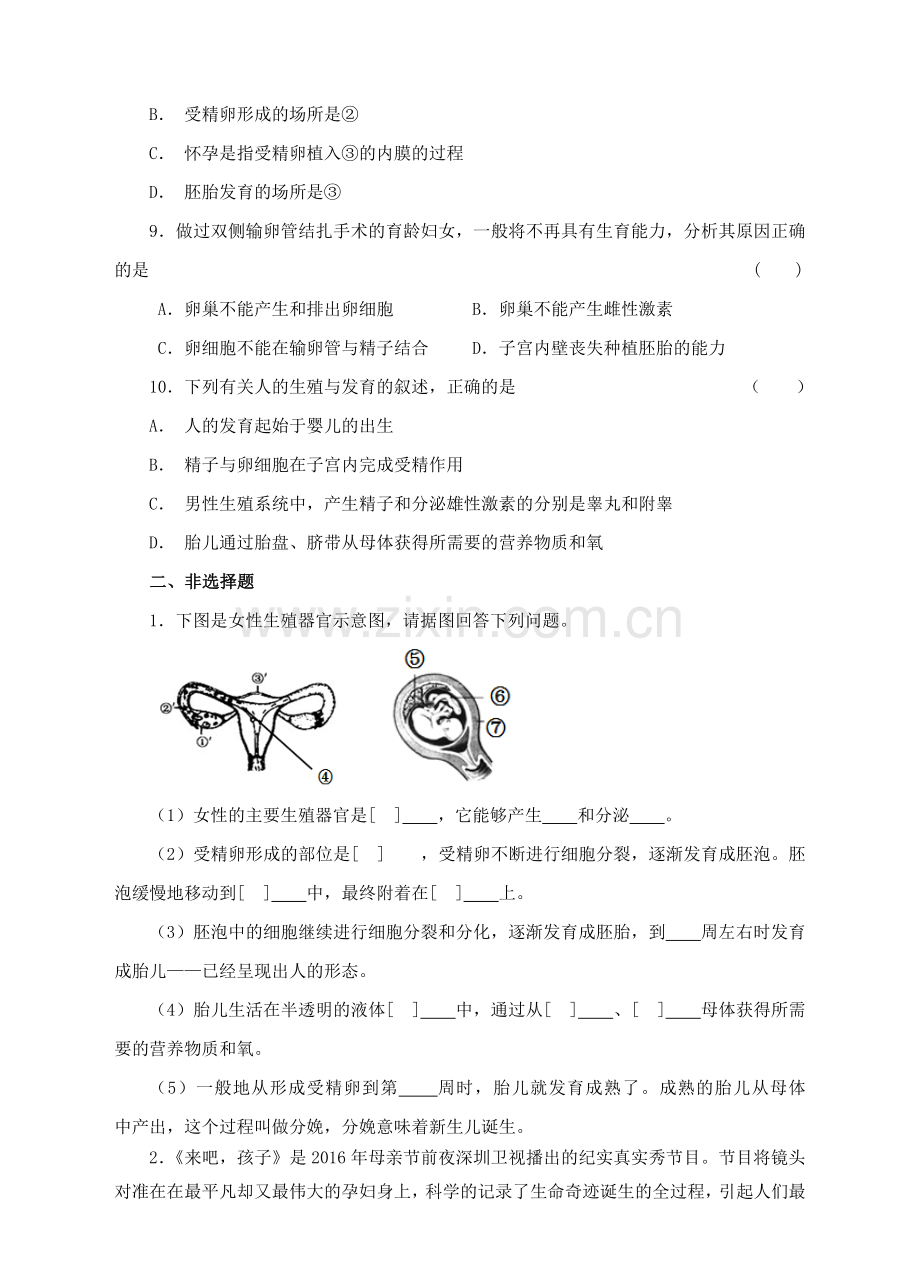 八年级生物上册-31婴儿的诞生练习-新版济南版1.doc_第2页