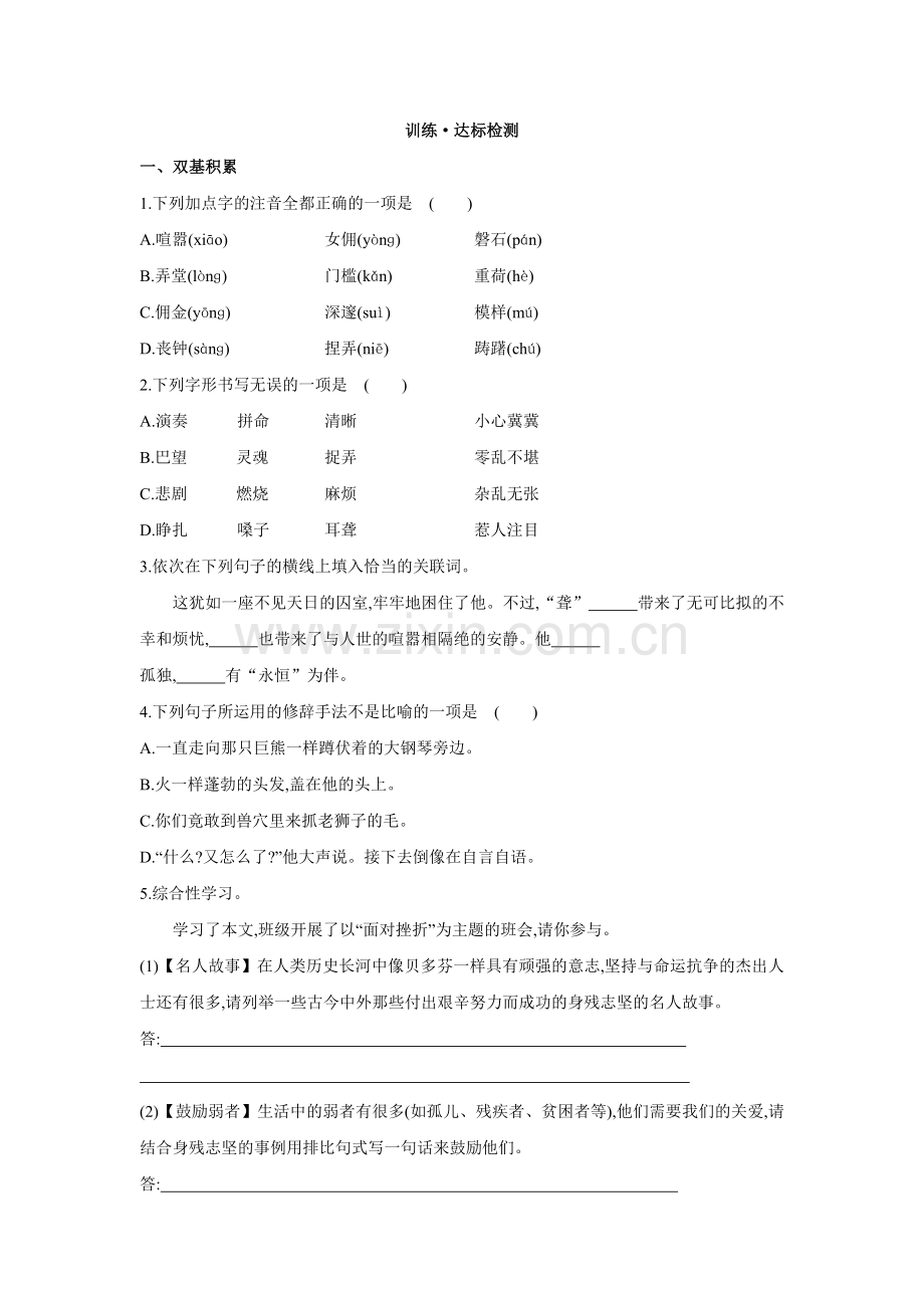 初中语文全程复习方略九年级总复习精练精析训练达标检测13音乐巨人贝多芬人教版七下.doc_第1页