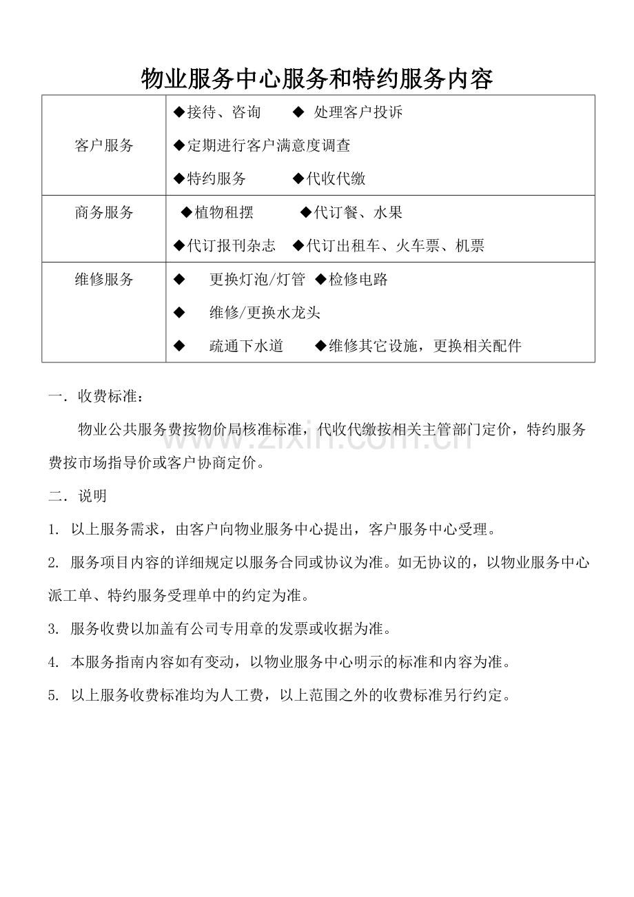 物业服务中心服务和特约服务内容1.doc_第1页