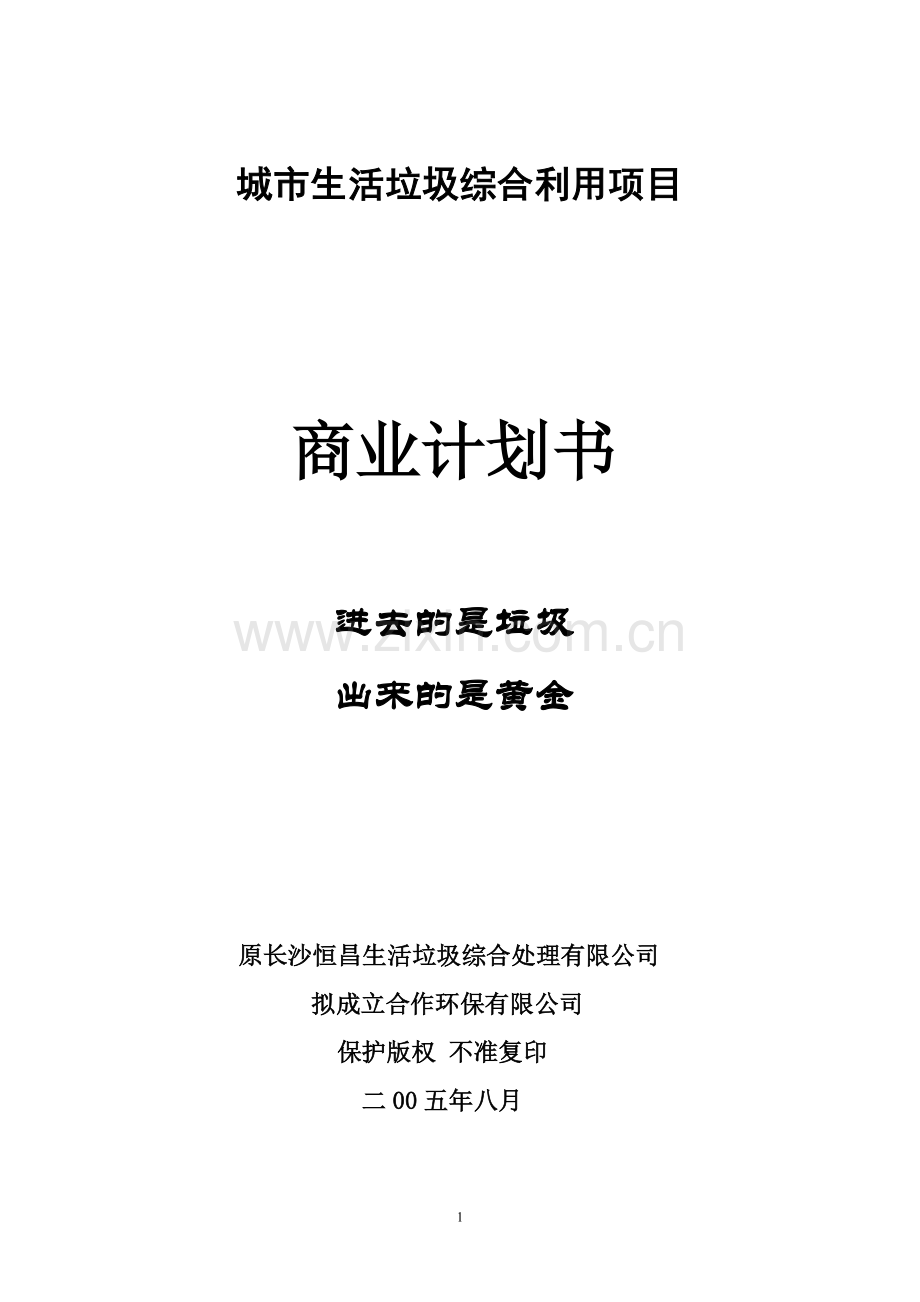 2016年长沙城市生活垃圾综合利用项目--商业企划书.doc_第1页