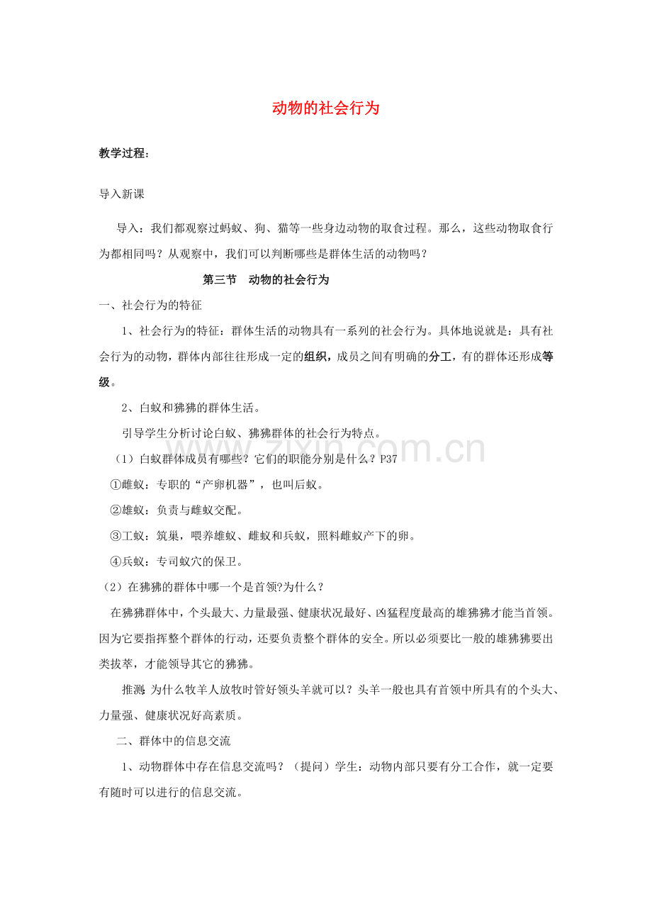 八年级生物上册-523-动物的社会行为教案-新版新人教版1.doc_第1页