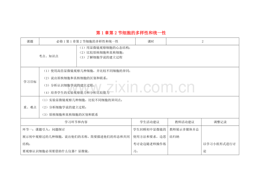 高一生物第2周教学设计细胞的多样性和统一性.doc_第1页