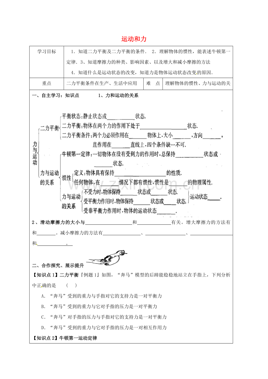 八年级物理下册-8-运动和力复习导学案无答案新版新人教版.doc_第1页