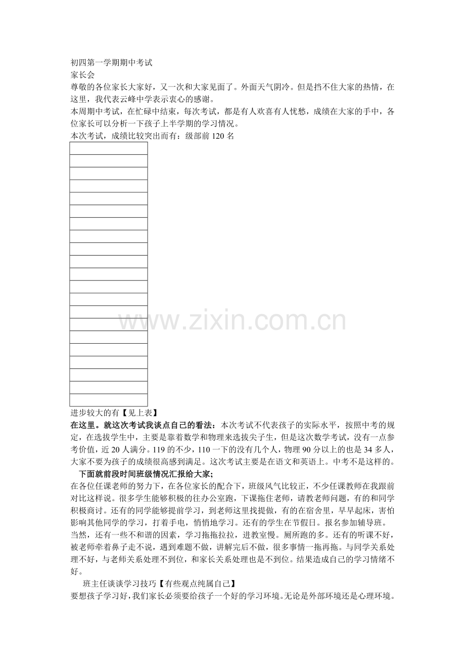 初中毕业班家长会第一学期期中考试后.doc_第1页