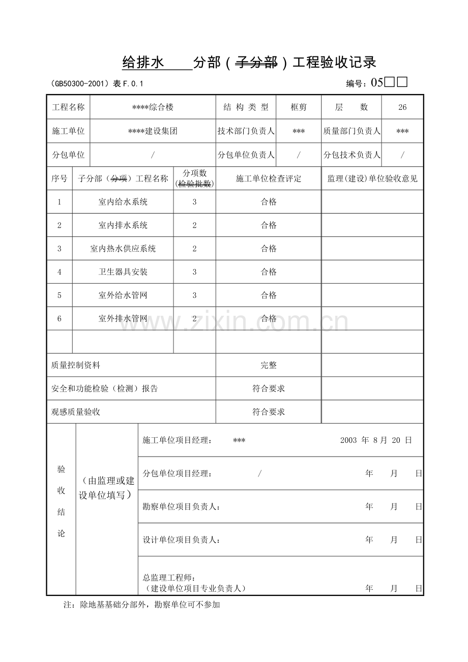 5建筑给排水及采暖工程用表检验批试验记录隐蔽工程范本.doc_第2页