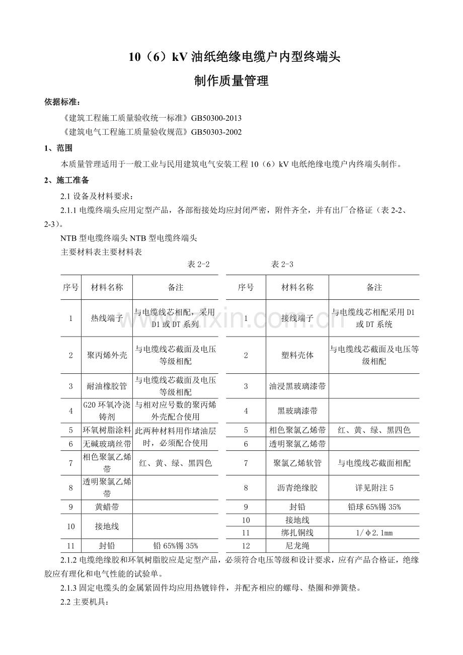 106kV油纸绝缘电缆户内型终端头制作质量管理资料.doc_第1页