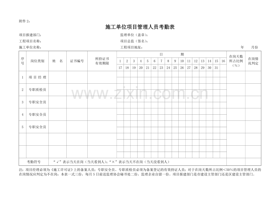 施工单位项目管理人员考勤表模板.doc_第1页