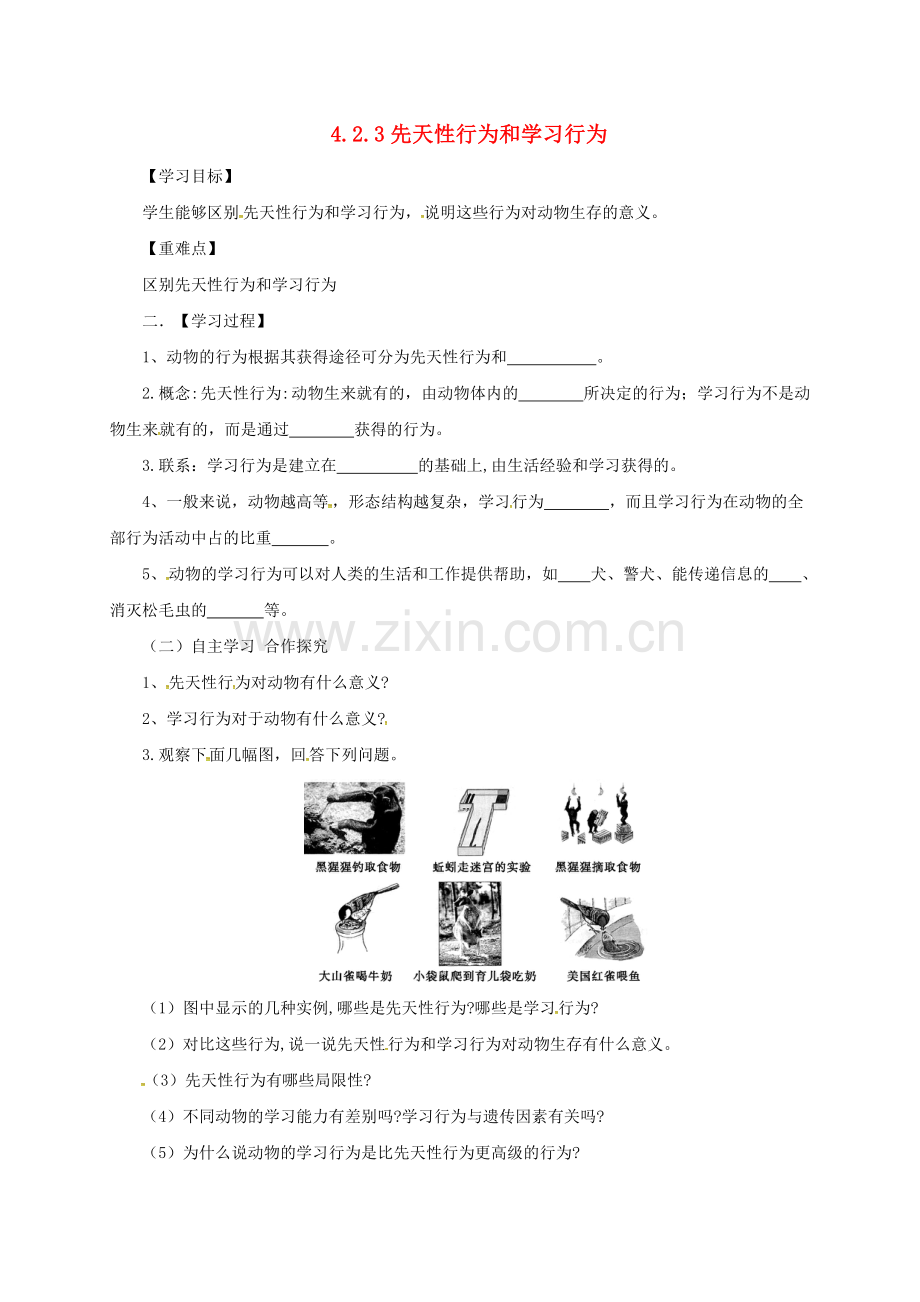 八年级生物上册-423-先天性行为和学习行为学案无答案新版冀教版.doc_第1页