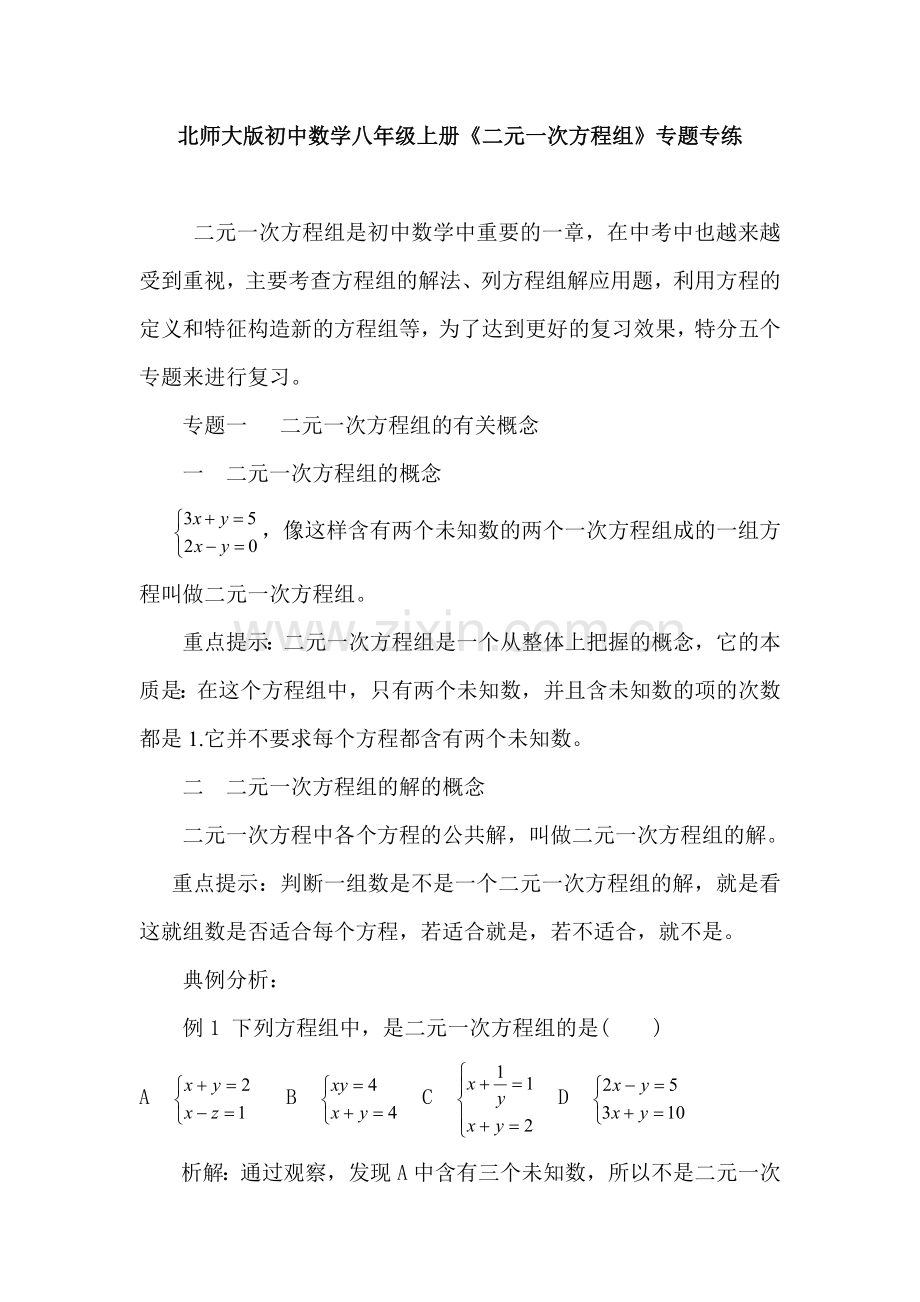 初中数学八年级上册二元一次方程组专题专练.doc_第1页
