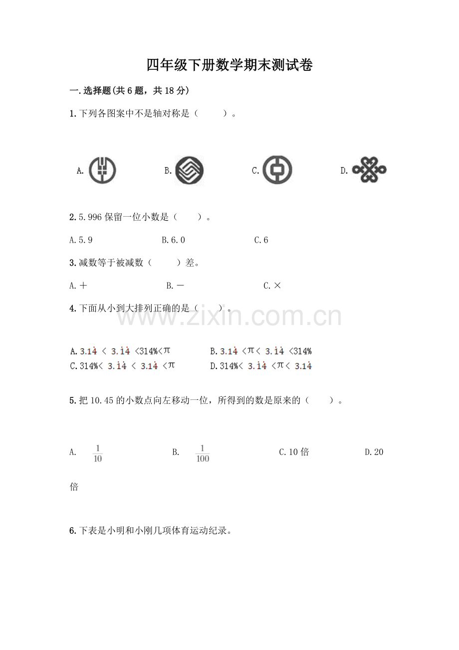 四年级下册数学期末测试卷(综合题)word版.docx_第1页
