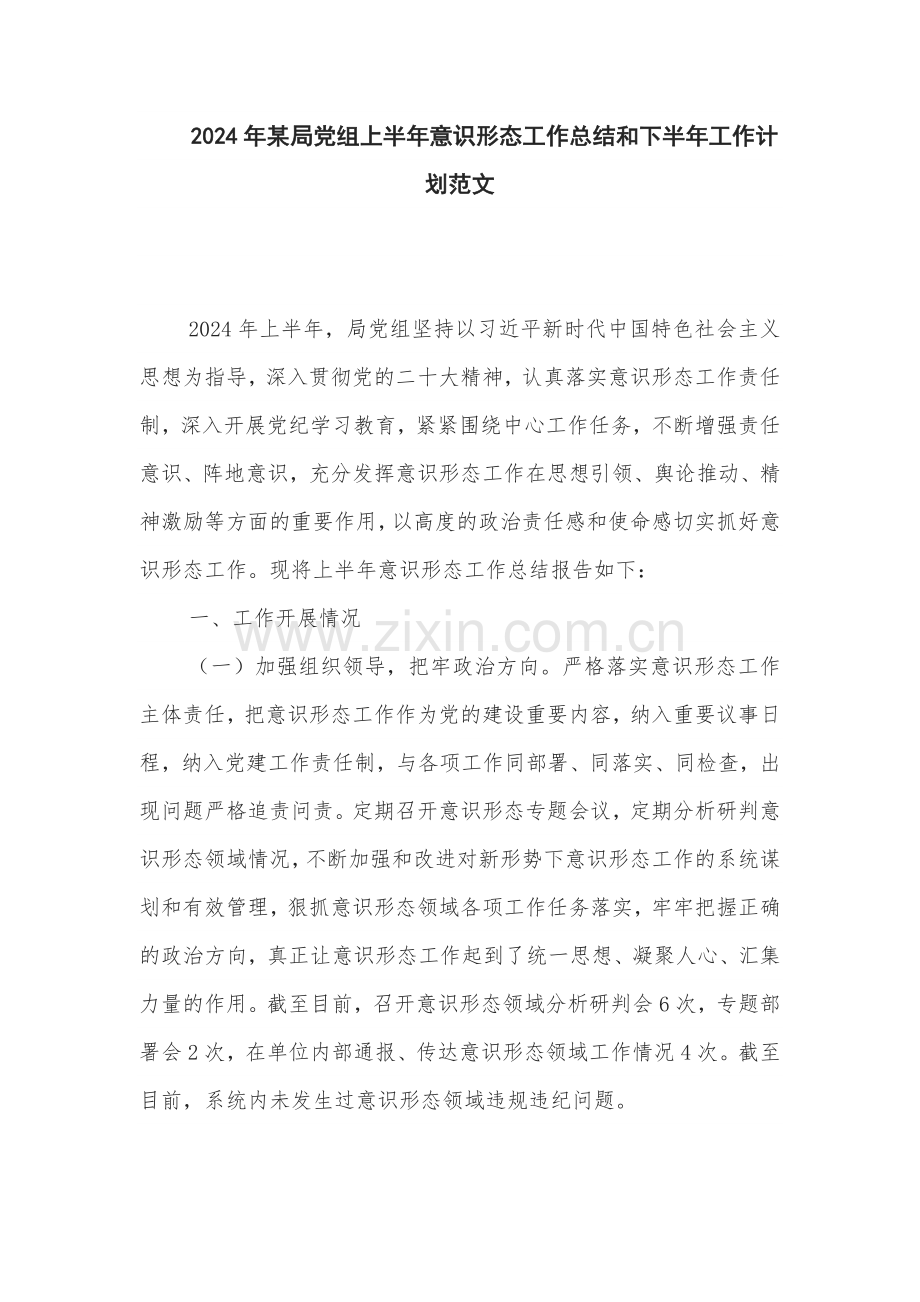 2024年某局党组上半年意识形态工作总结和下半年工作计划范文.docx_第1页