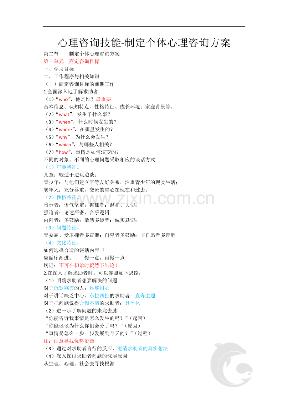 心理咨询师考试考点归纳总结8-心理咨询技能-制定个体心理咨询方案.doc_第1页