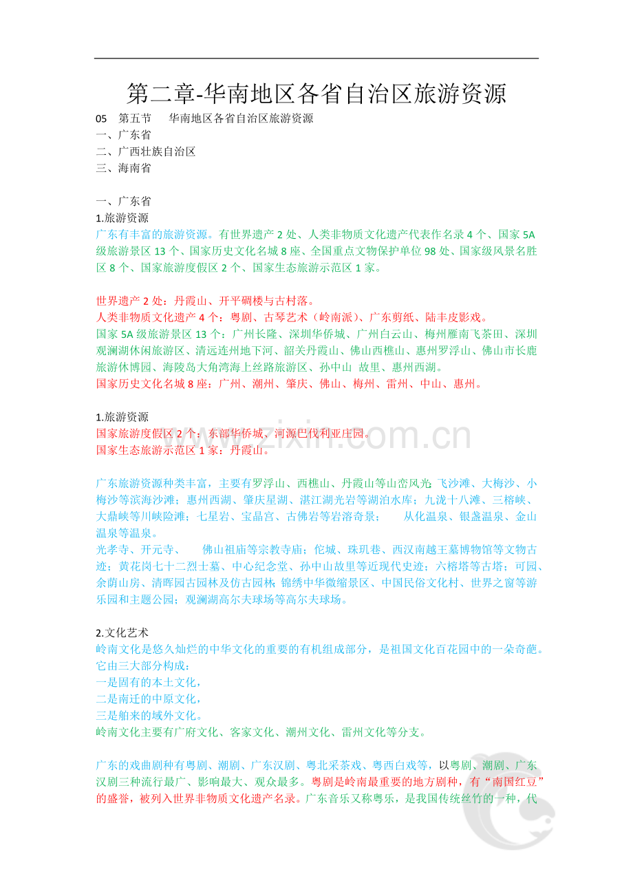 导游职业资格证考试-知识点-地方导游基础知识第二章-华南地区各省自治区旅游资源.doc_第1页