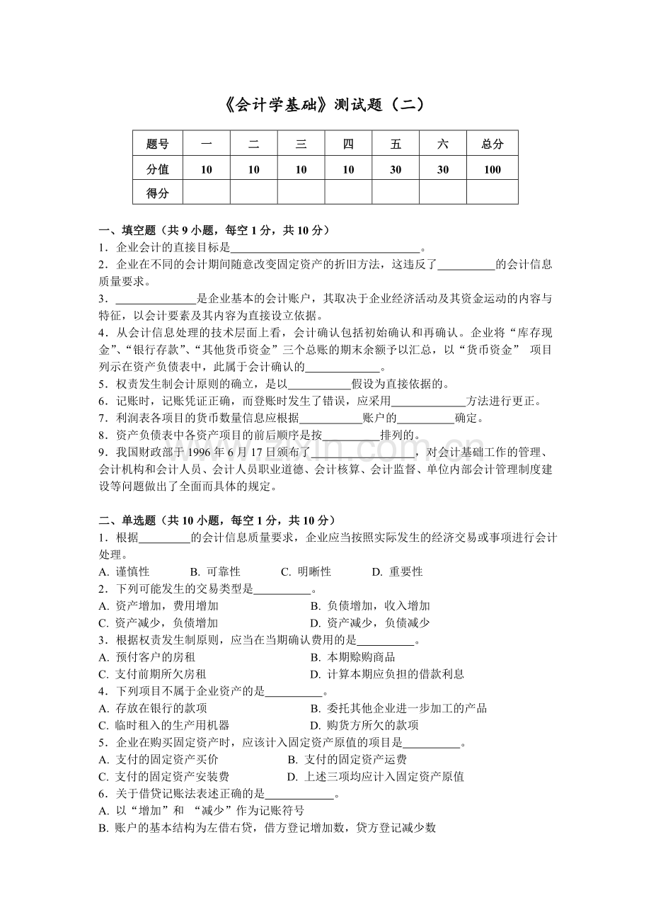 会计学基础测试题期末试题模拟测试卷期末考试卷综合检测卷总复习题带答案2.doc_第1页