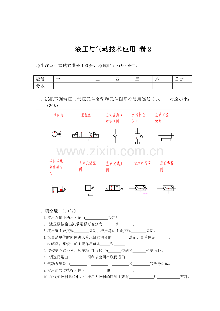 液压与气动技术应用期末测试卷模拟卷带答案试卷期末考试卷22021年XX学校XX专业.doc_第1页