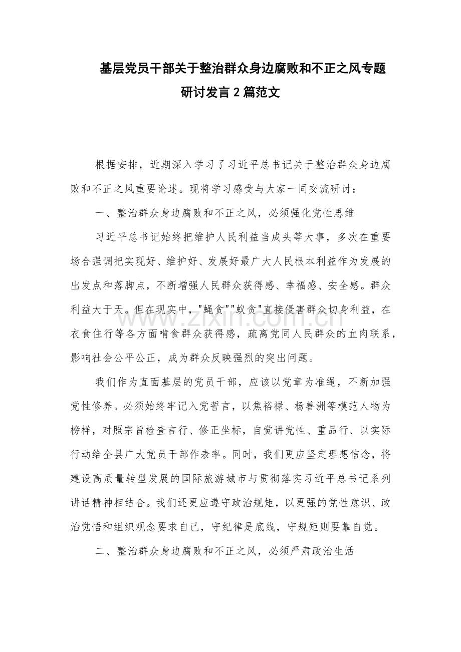 基层党员干部关于整治群众身边腐败和不正之风专题研讨发言2篇范文.docx_第1页