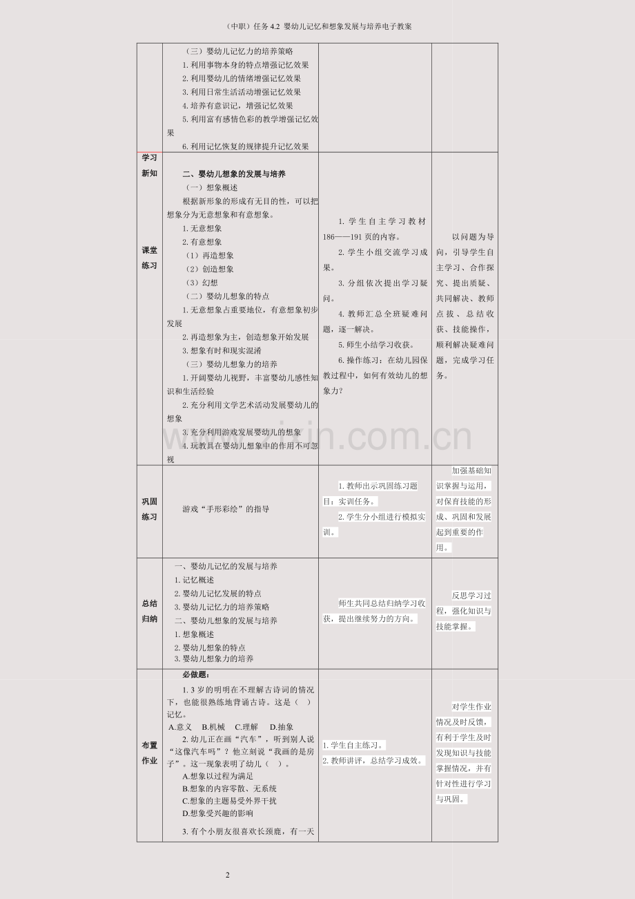 (中职)任务4-2--婴幼儿记忆和想象发展与培养电子教案.docx_第2页