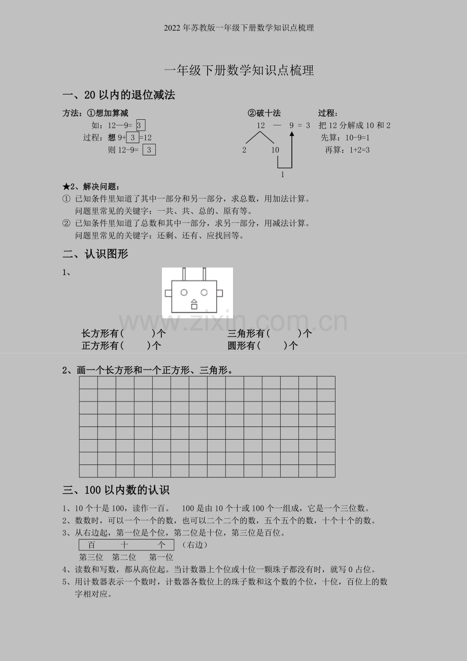 2022年苏教版一年级下册数学知识点梳理.doc_第1页