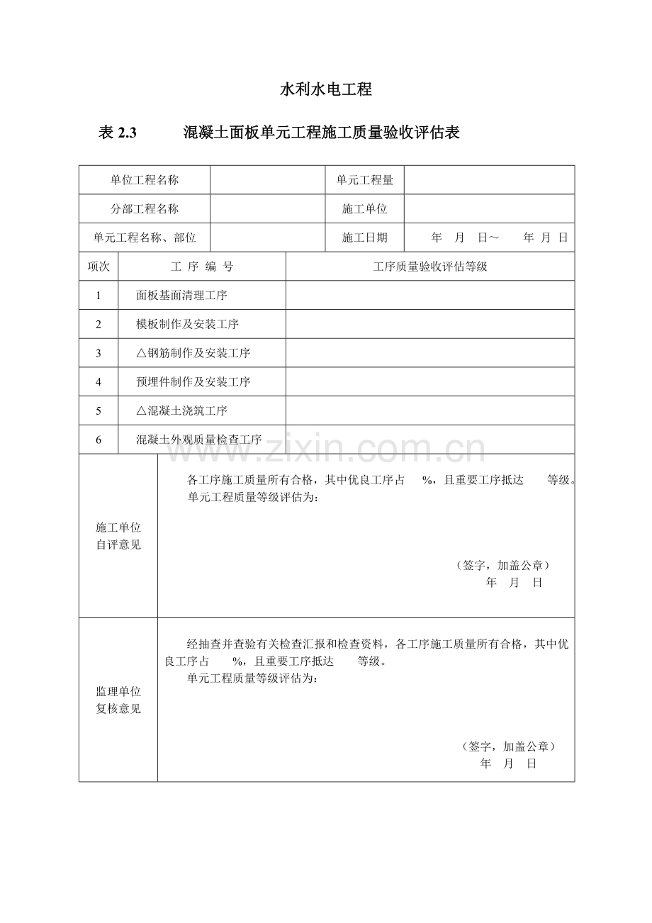 水利水电工程混凝土面板单元工程施工质量验收评定表.doc_第1页