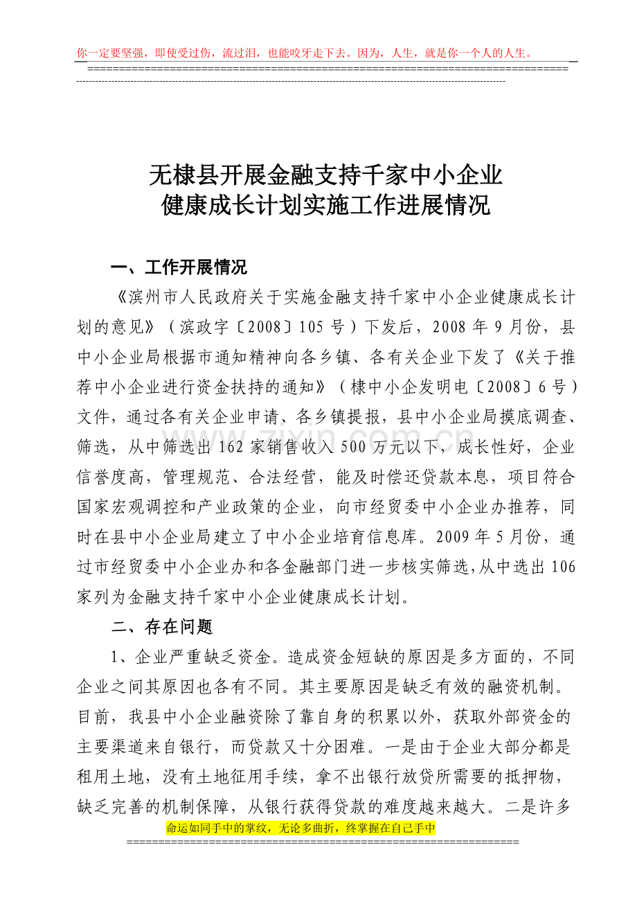 无棣县开展金融支持千家中小企业健康成长计划实施工作进展情况.doc_第1页