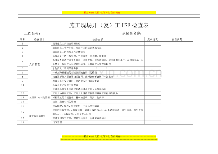 施工现场开(复)工HSE检查表-(1).doc_第1页