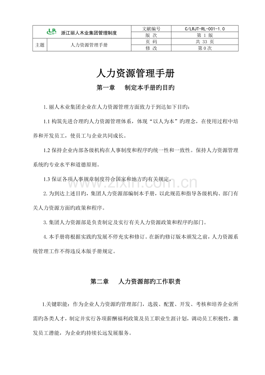 浙江丽人木业集团管理制度人力资源管理手册.doc_第1页