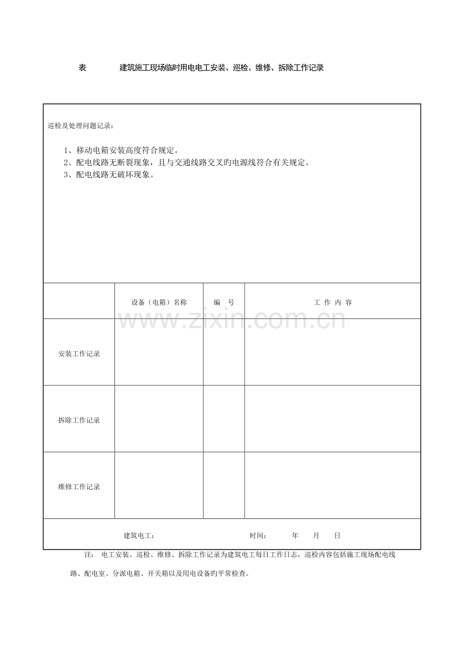 表建筑施工现场临时用电电工安装巡检维修拆除工作记录.doc_第1页